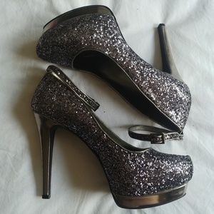 Glitter Slate Grey Ankle Strap Pumps